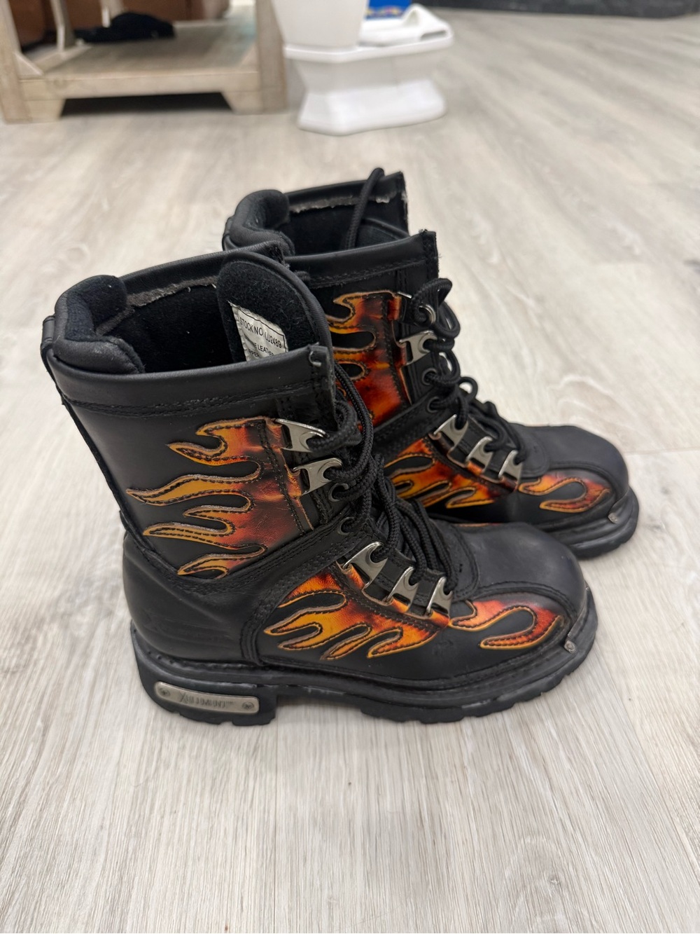 Black Lace-Up Boots with Orange Flame Accent - Women's(epoxy glue to hold bottom